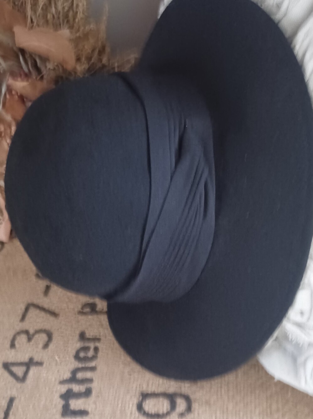 Black Wide-Brim Women's Felt Fedora Hat with Ribbon Band - Picture 3 of 5